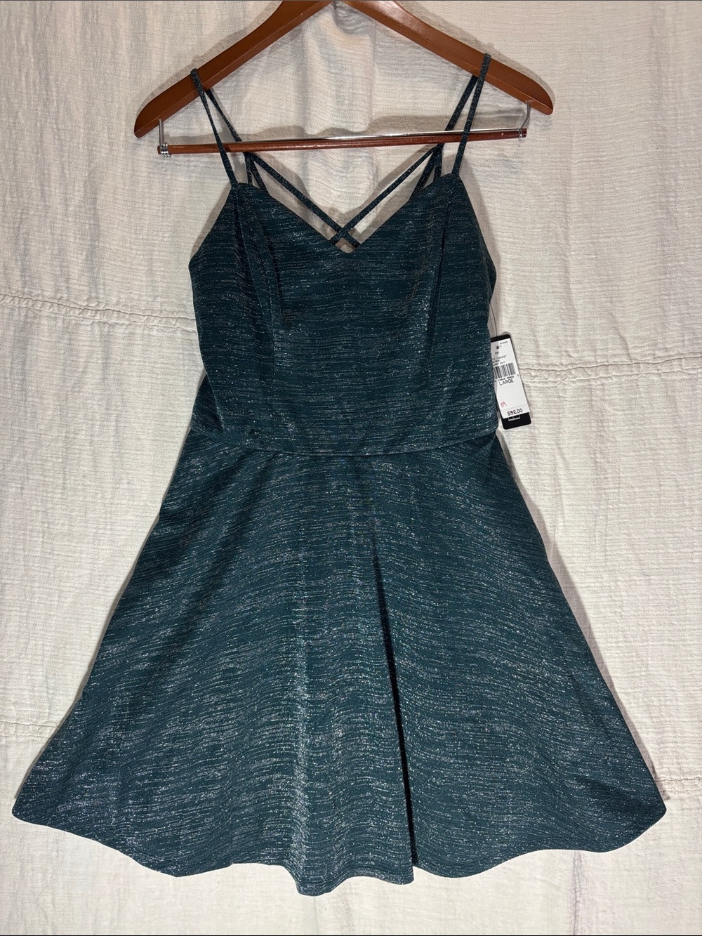 BCX Hunter Green Shimmer Strappy Fit-and-Flare Mini Dress Spaghetti straps - Picture 5 of 9